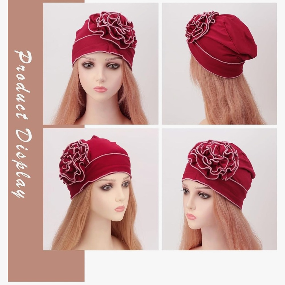 Elegant Women's Floral Beanie Collection - Gray, Blue, Black, Red - Picture 7 of 8